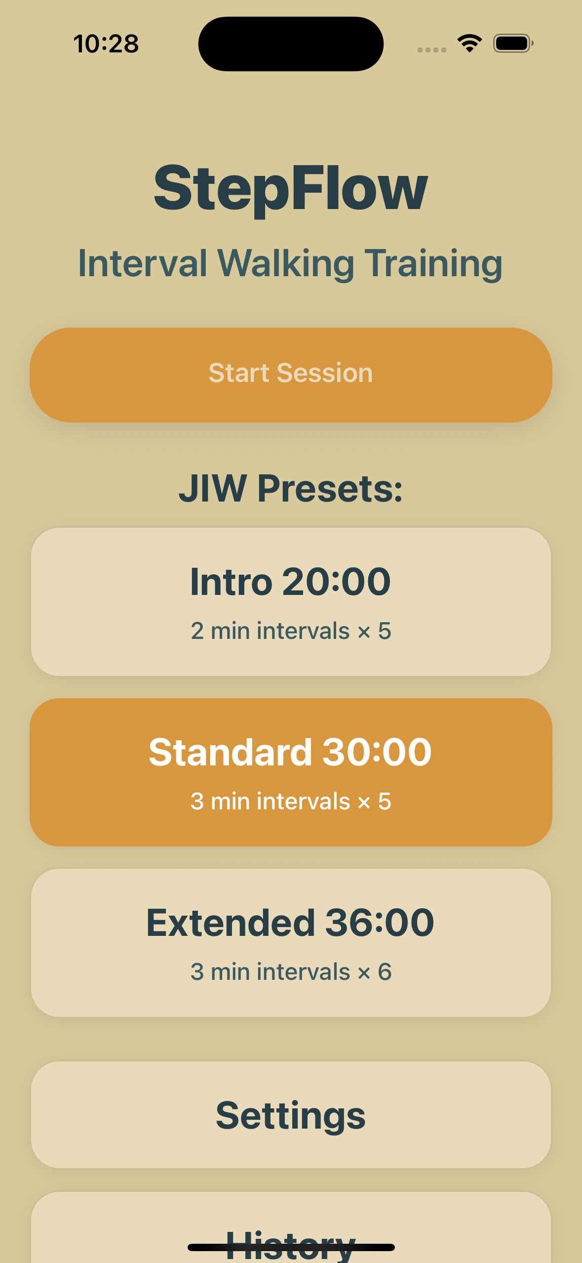 StepFlow Home screen with Start button and quick presets